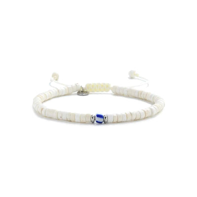 Mens White Bracelet shown in full view with white clay beads with blue accent bead and adjustable cord