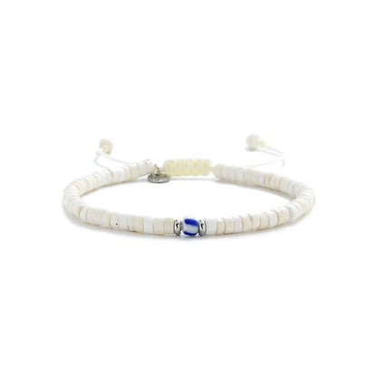 Mens White Bracelet shown in full view with white clay beads with blue accent bead and adjustable cord