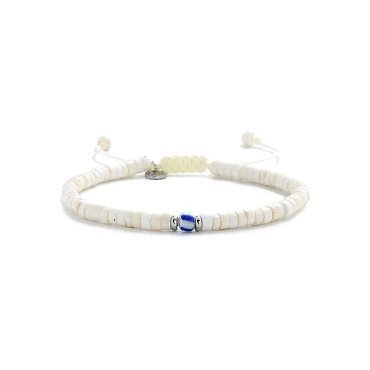 Mens White Bracelet shown in full view with white clay beads with blue accent bead and adjustable cord