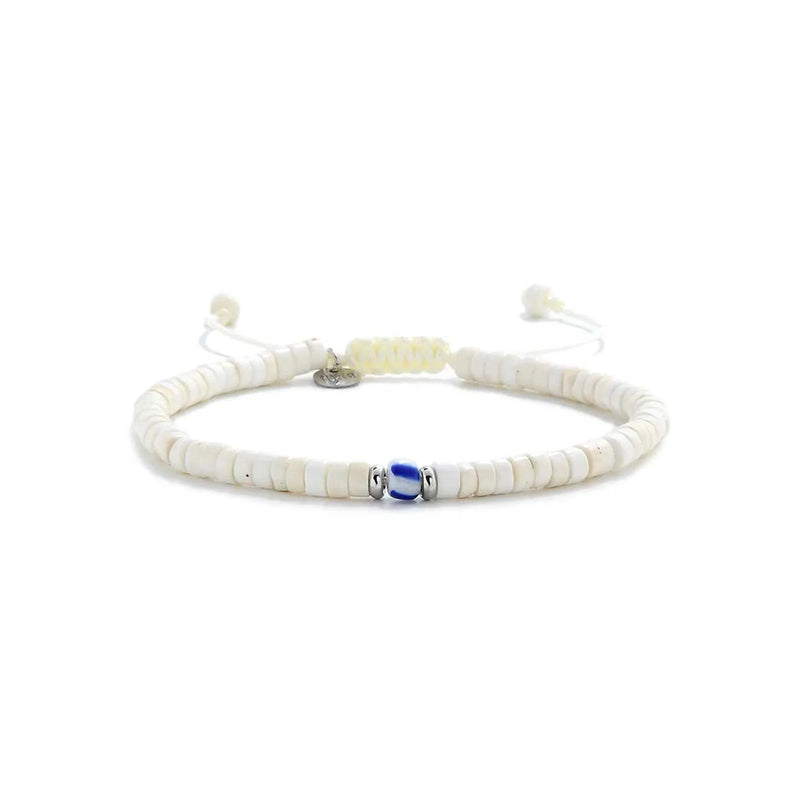 Mens White Bracelet shown in full view with white clay beads with blue accent bead and adjustable cord