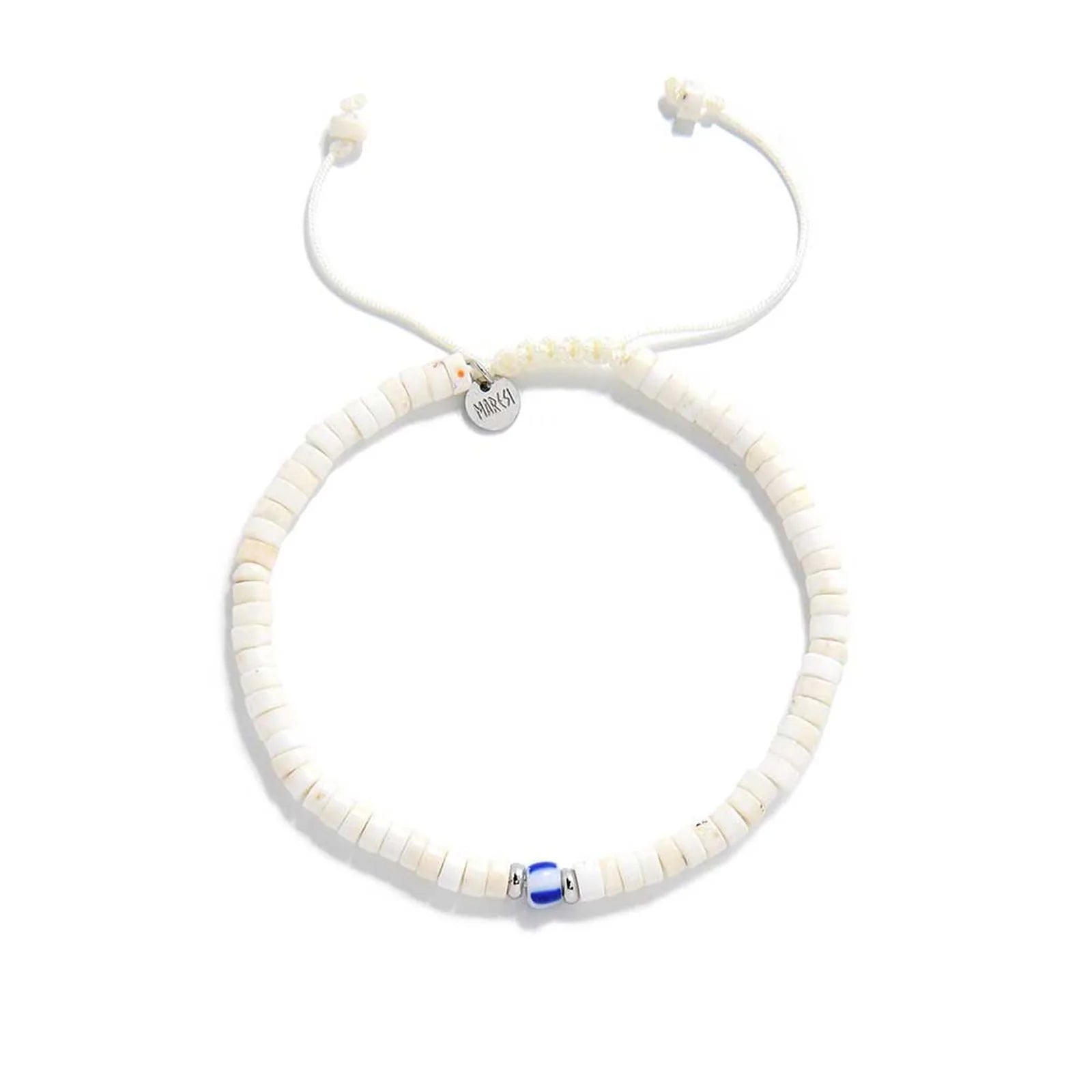 Mens White Bracelet shown from above with white clay beads with blue accent bead and round bracelet shape