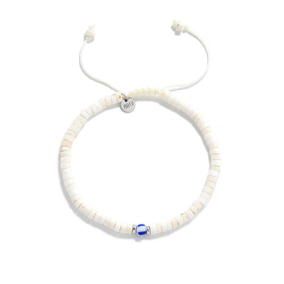 Mens White Bracelet shown from above with white clay beads with blue accent bead and round bracelet shape