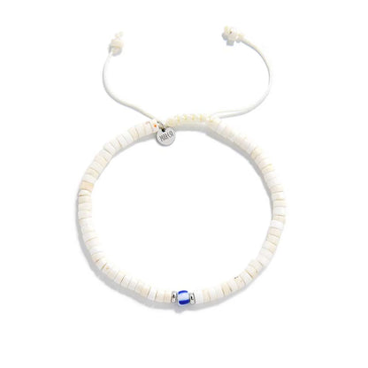 Mens White Bracelet shown from above with white clay beads with blue accent bead and round bracelet shape