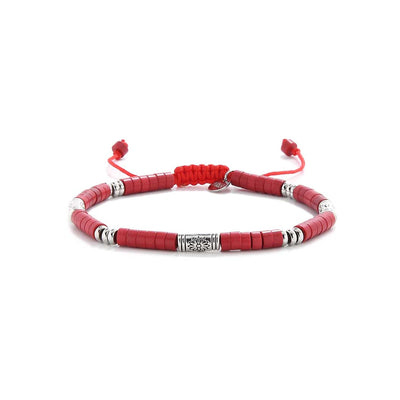 Front view of mens red bracelet with braided closure and engraved silver beads