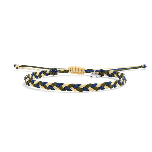 Mezino friendship matching bracelet with blue, beige, and olive braided cords