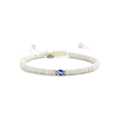 Straight-on front view of minimalist mens white bracelet with clay and glass bead details