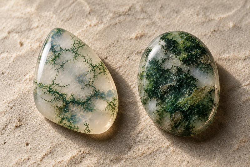 Two polished moss agate stones showing sparse and dense green patterns against translucent backgrounds.