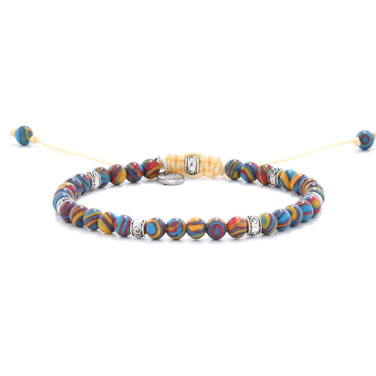 Malachite color bracelet with red, blue, and yellow striped beads and yellow cord