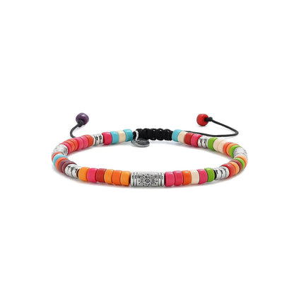 Multicolored Beaded Bracelet shown in full view with multicolor clay beads with engraved silver spacers and adjustable cord