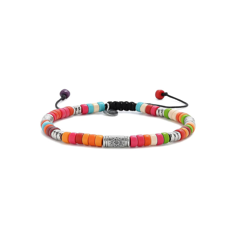 Multicolored Beaded Bracelet shown in full view with multicolor clay beads with engraved silver spacers and adjustable cord