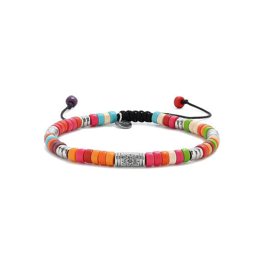 Front view of full multicolored beaded bracelet with black macramé cord