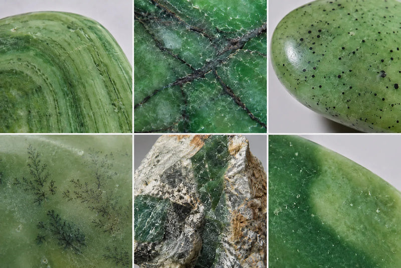 Natural green stone identification features including banding, dark veins, black spots, dendrites, matrix and color zoning