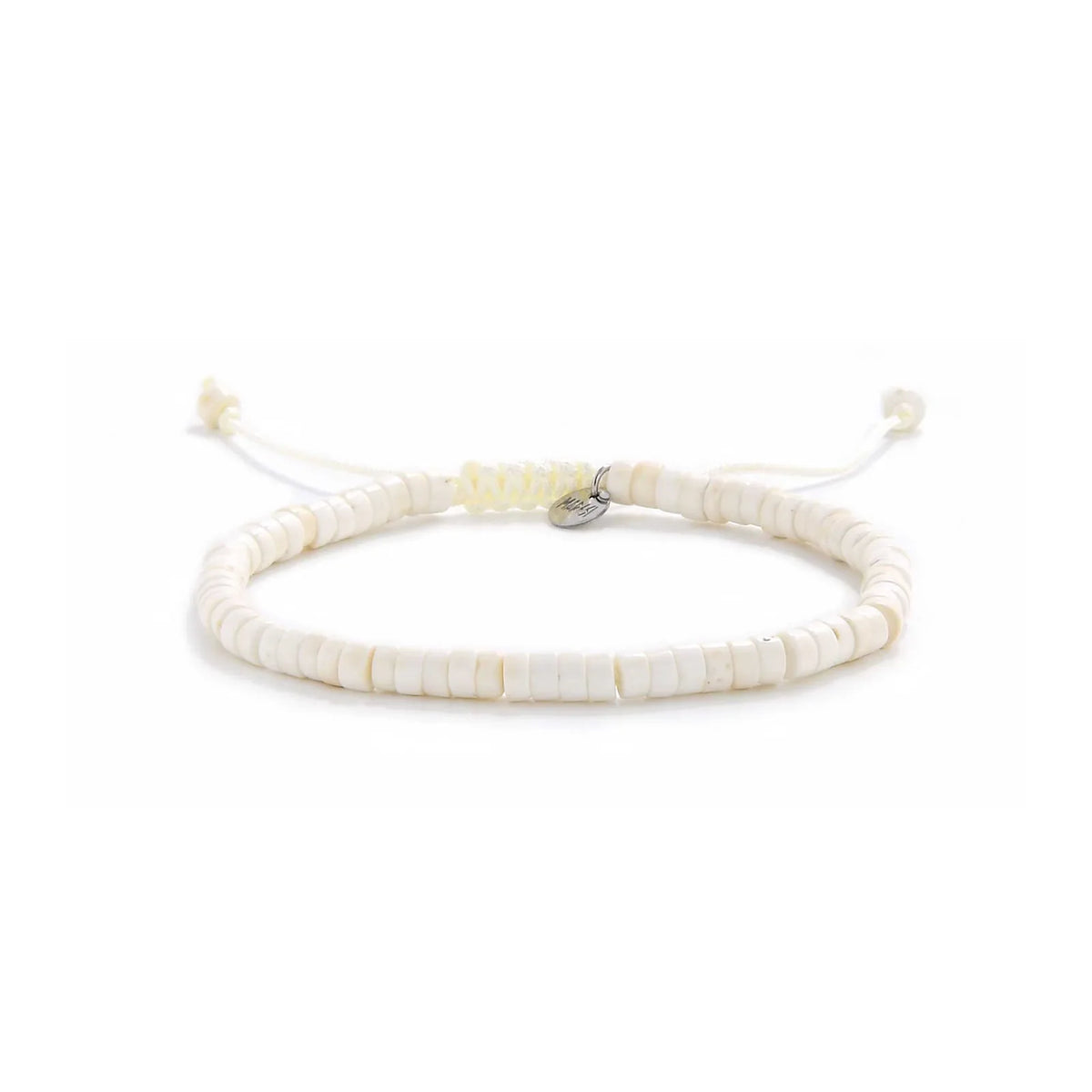 Off White Bracelet shown in full view with off white clay beads with blue accent bead and adjustable cord