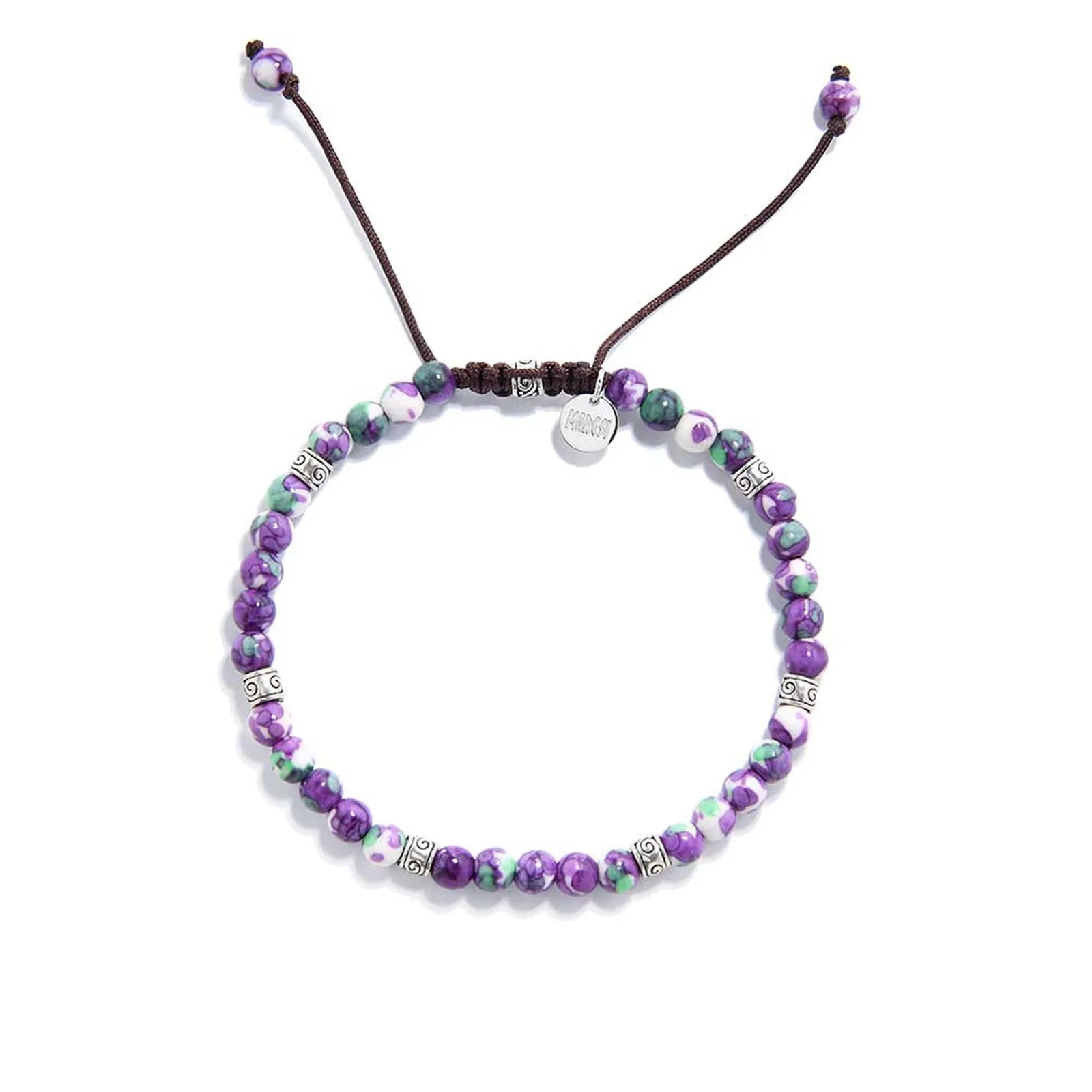 purple gemstone bracelet featuring vivid colors and adjustable brown cord

