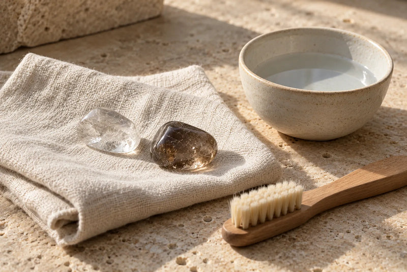 Clear and smoky quartz stones on a soft cloth beside a bowl and brush for gentle jewelry care.