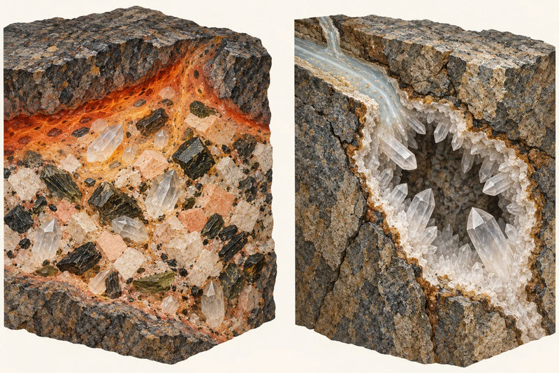 Schematic illustration of quartz forming in cooling rock and a crystal-lined hydrothermal cavity.