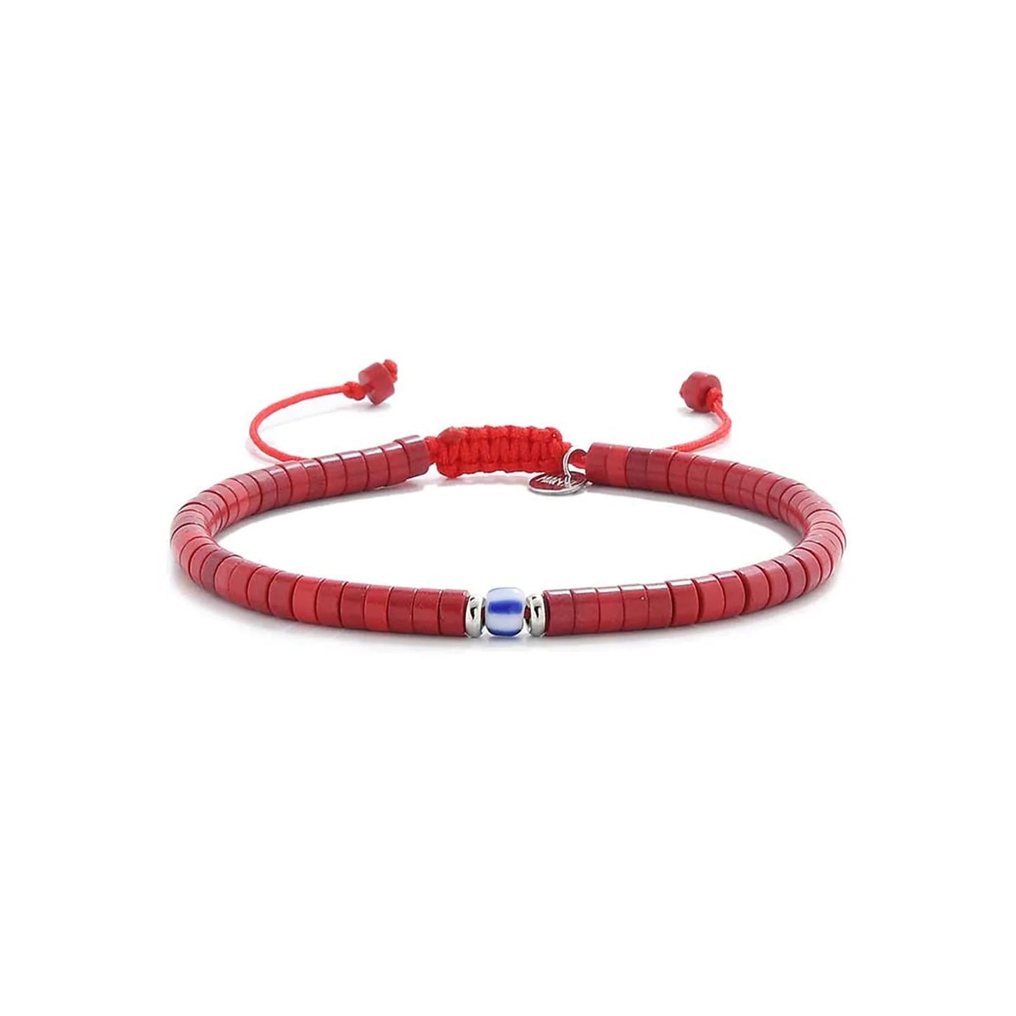red gemstone jewelry shown in full view with red clay beads with blue accent bead and adjustable cord