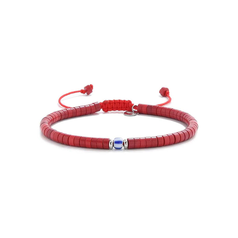 red gemstone jewelry shown in full view with red clay beads with blue accent bead and adjustable cord