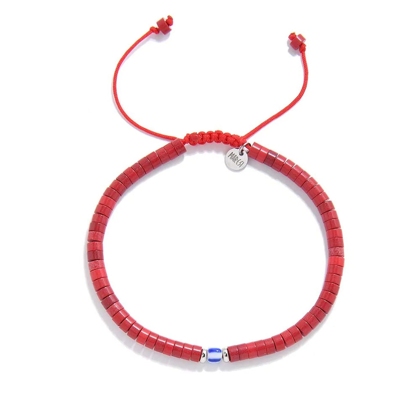 red gemstone jewelry shown from above with red clay beads with blue accent bead and round bracelet shape