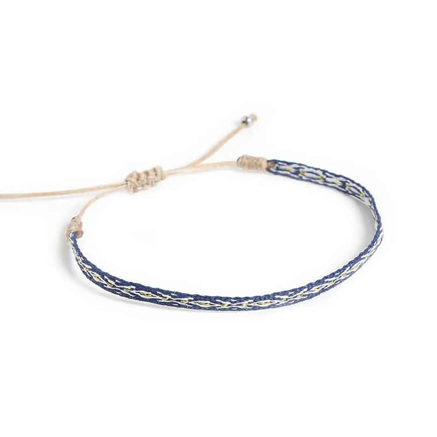 Rope Bracelet for Men shown from above with blue patterned band and sliding knot cord closure