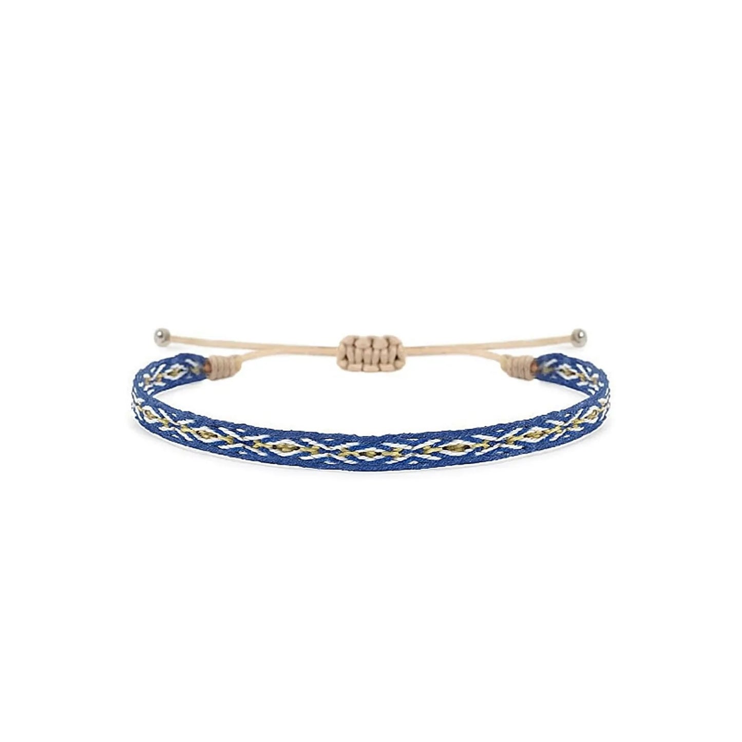 Rope Bracelet for Men in blue with white and gold woven pattern, adjustable cord, and bead ends