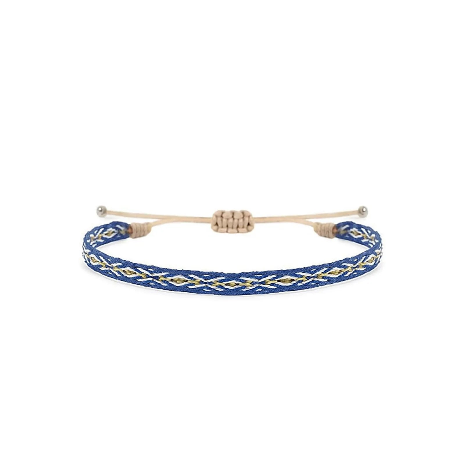 Rope Bracelet for Men in blue with white and gold woven pattern, adjustable cord, and bead ends
