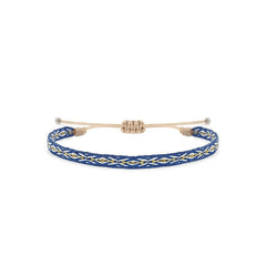 Rope Bracelet for Men in blue with white and gold woven pattern, adjustable cord, and bead ends