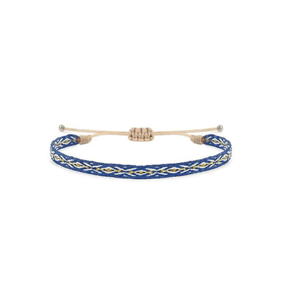 Rope Bracelet for Men in blue with white and gold woven pattern, adjustable cord, and bead ends
