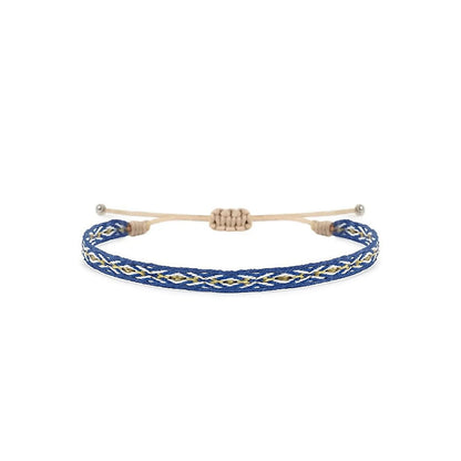 Rope Bracelet for Men in blue with white and gold woven pattern, adjustable cord, and bead ends