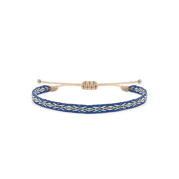 Rope Bracelet for Men in blue with white and gold woven pattern, adjustable cord, and bead ends