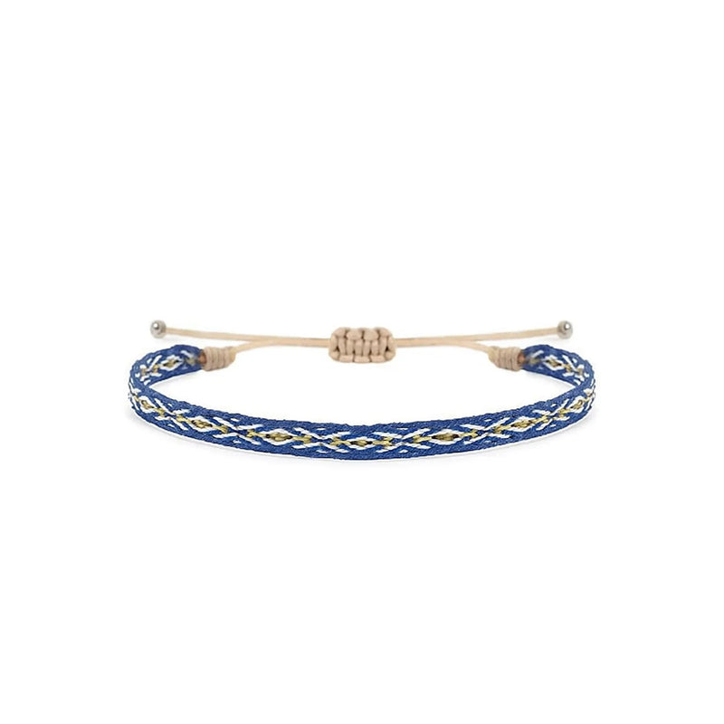 Rope Bracelet for Men in blue with white and gold woven pattern, adjustable cord, and bead ends