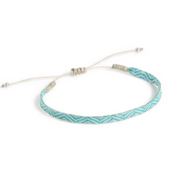Rope Bracelet Mens shown from above with turquoise woven band and sliding knot cord closure