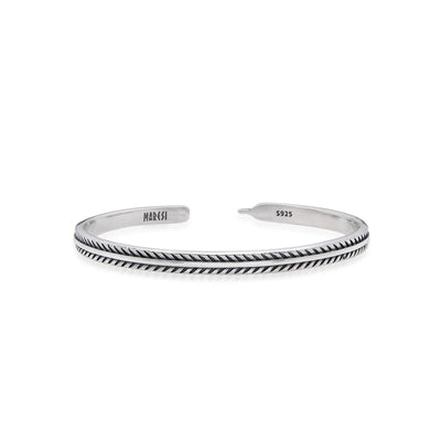Silver Mens Bracelet cuff with feather-style engraving, polished open band, and stamped ends
