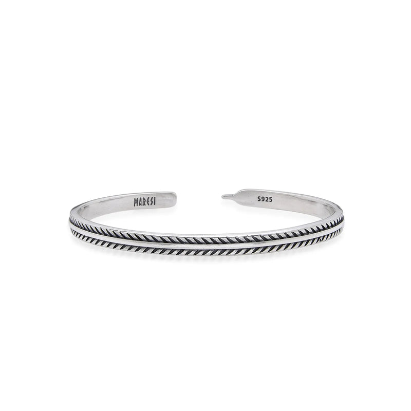 Silver Mens Bracelet cuff with feather-style engraving, polished open band, and stamped ends