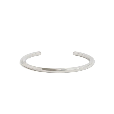 Stainless steel bracelet for men with smooth polished cuff band, open ends, and minimal design