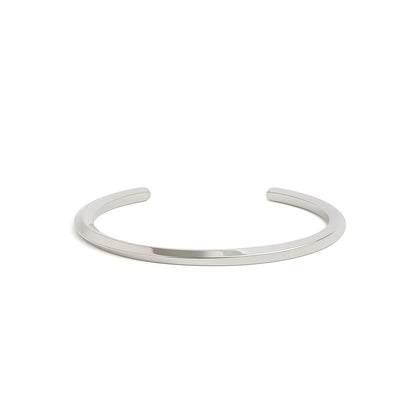Stainless steel bracelet for men with smooth polished cuff band, open ends, and minimal design