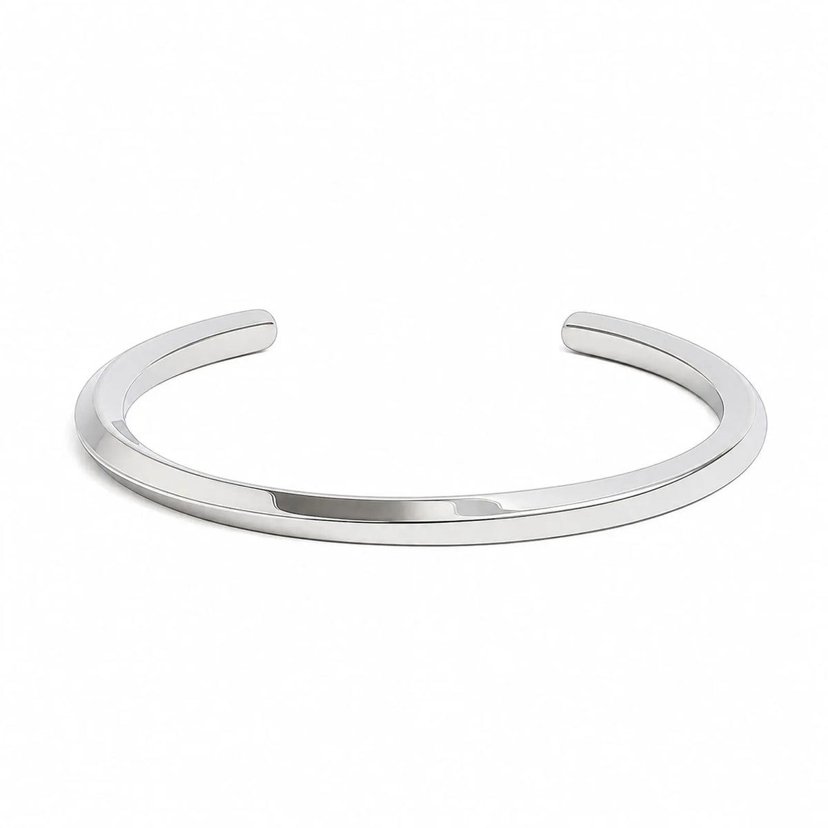 Stainless steel bracelet for men with smooth polished cuff band, open ends, and minimal design