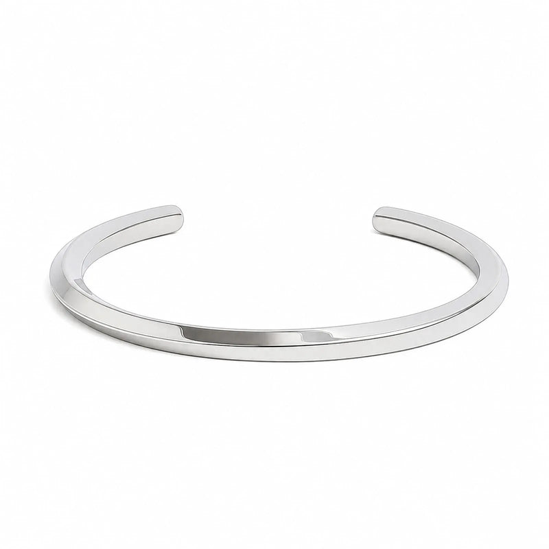 Stainless steel bracelet for men with smooth polished cuff band, open ends, and minimal design