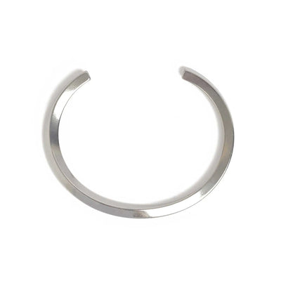 Stainless steel bracelet for men shown from above with curved open cuff shape and polished finish