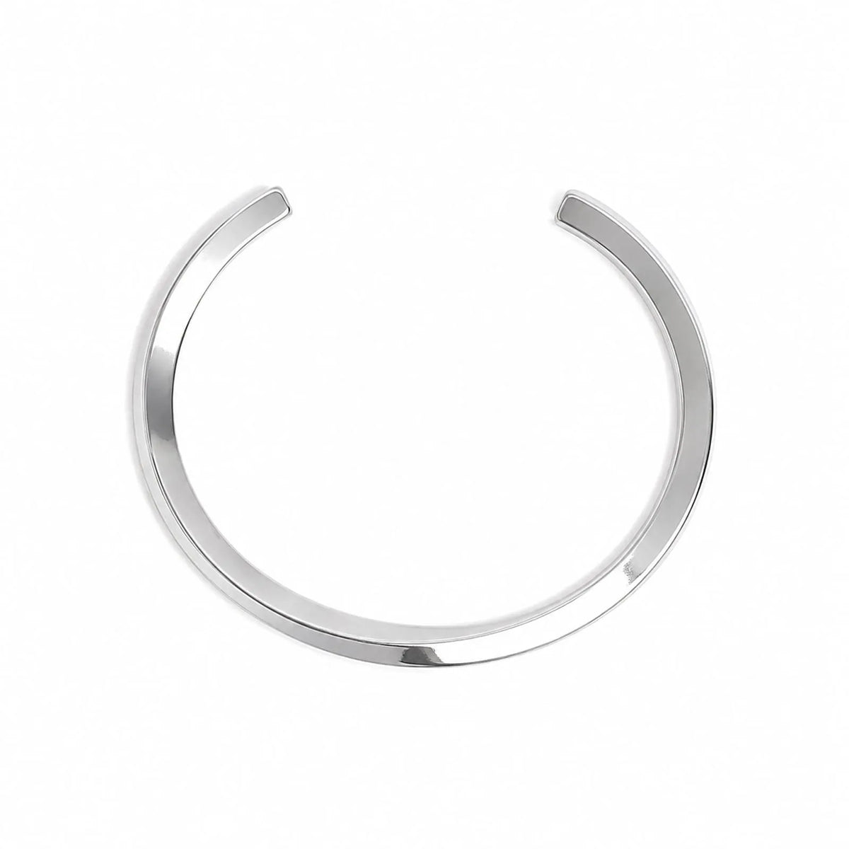 Stainless steel bracelet for men shown from above with curved open cuff shape and polished finish