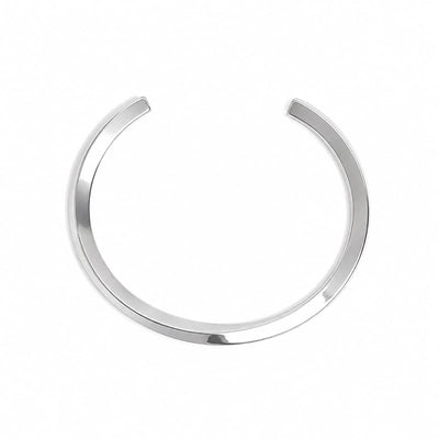 Stainless steel bracelet for men shown from above with curved open cuff shape and polished finish