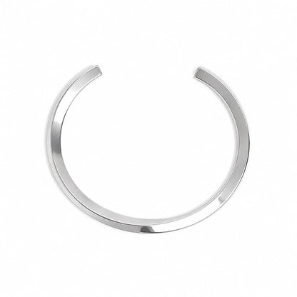 Stainless steel bracelet for men shown from above with curved open cuff shape and polished finish