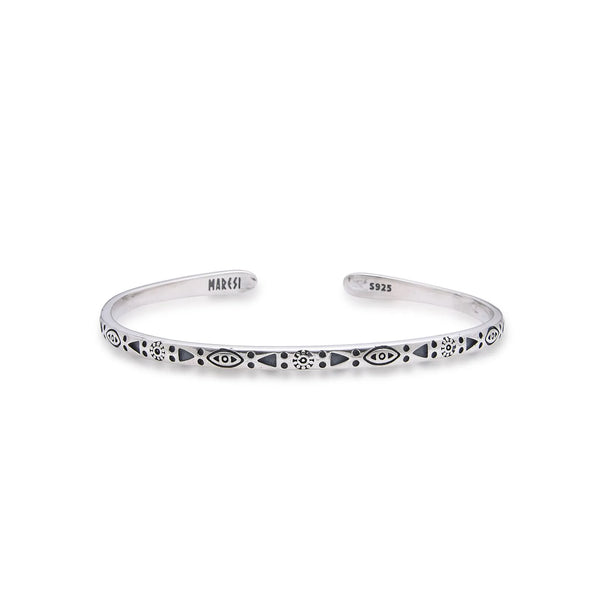 Sterling Silver Mens Bracelet cuff with eye, sun, dot, and triangle engravings on polished band