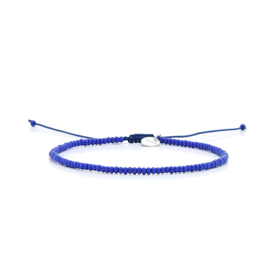 Stretch Bead Bracelets shown in full view with blue seed beads with black cord and adjustable cord