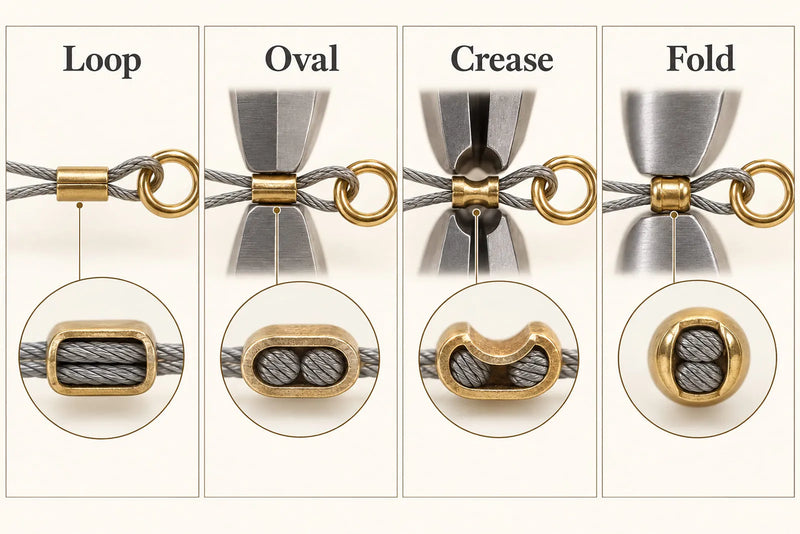 Stringing Beads diagram showing a wire loop and crimp tube in four stages labeled Loop, Oval, Crease and Fold.
