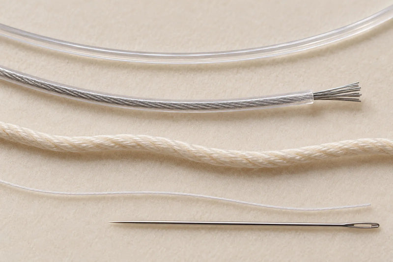 Stringing Beads supplies: clear elastic, coated multistrand wire, braided cord, fine thread and a beading needle.