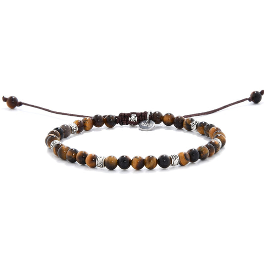 Full view of the men's tiger eye bracelet laid out in a circle, showing even bead spacing and the handcrafted closure.

