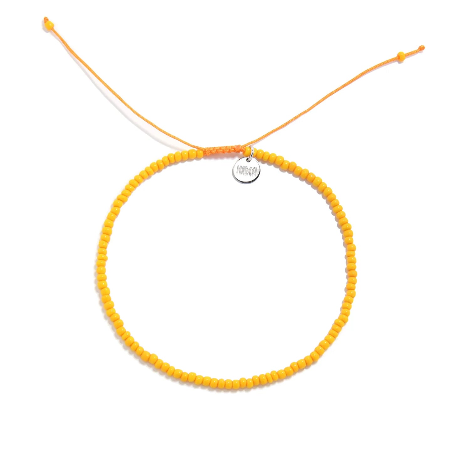 Top Men Bead Bracelet Styles shown from above with orange seed beads with matching cord and round bracelet shape