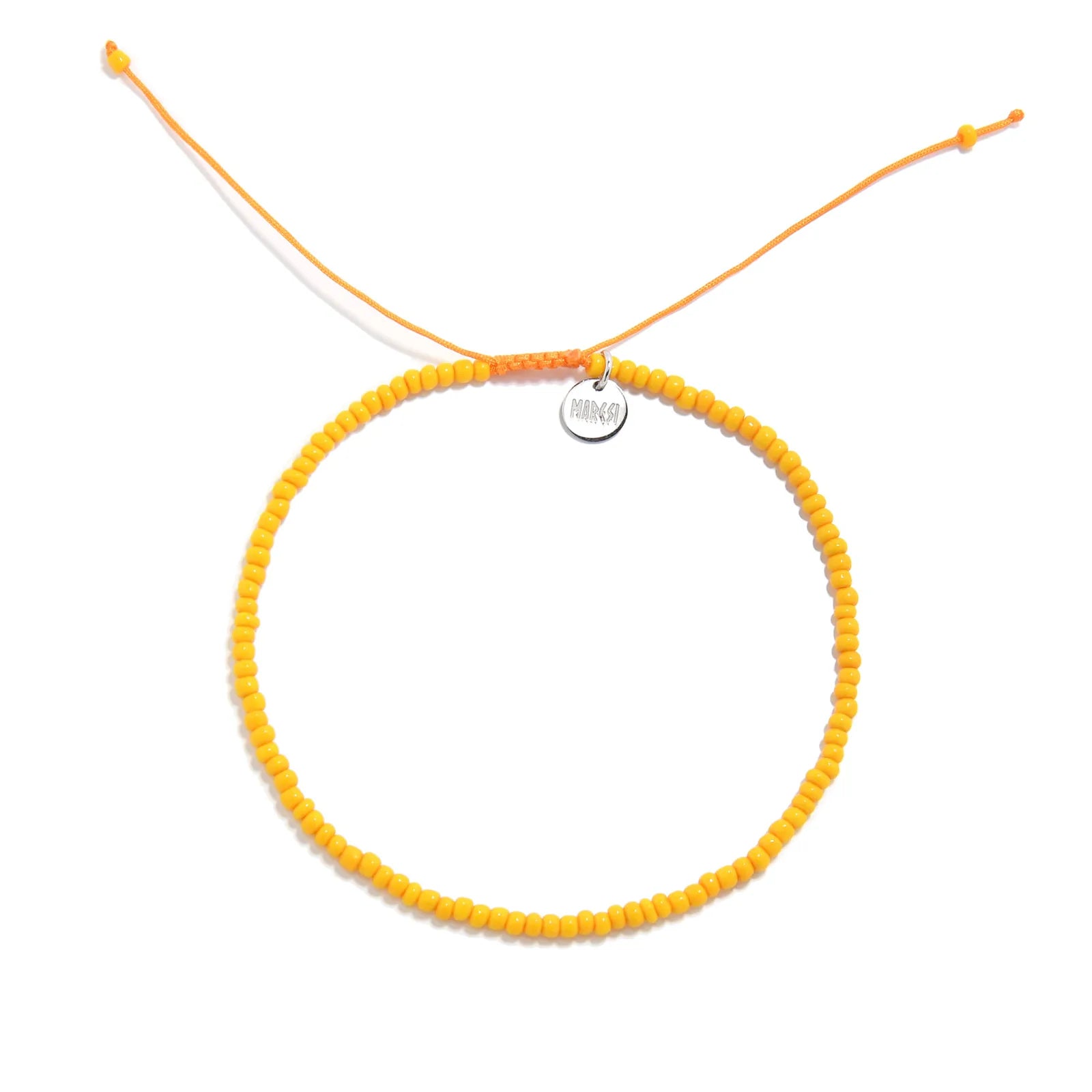 Top Men Bead Bracelet Styles shown from above with orange seed beads with matching cord and round bracelet shape