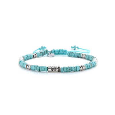 Turquoise Jewelry for Sale shown in full view with turquoise clay beads with engraved silver spacers and adjustable cord
